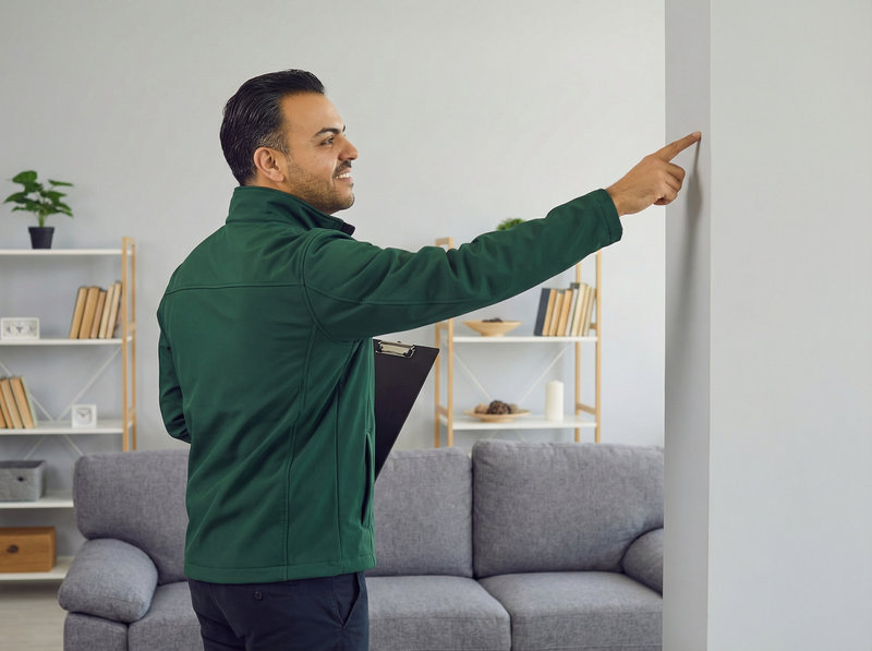 Mann inspiziert Wand mit Klemmbrett